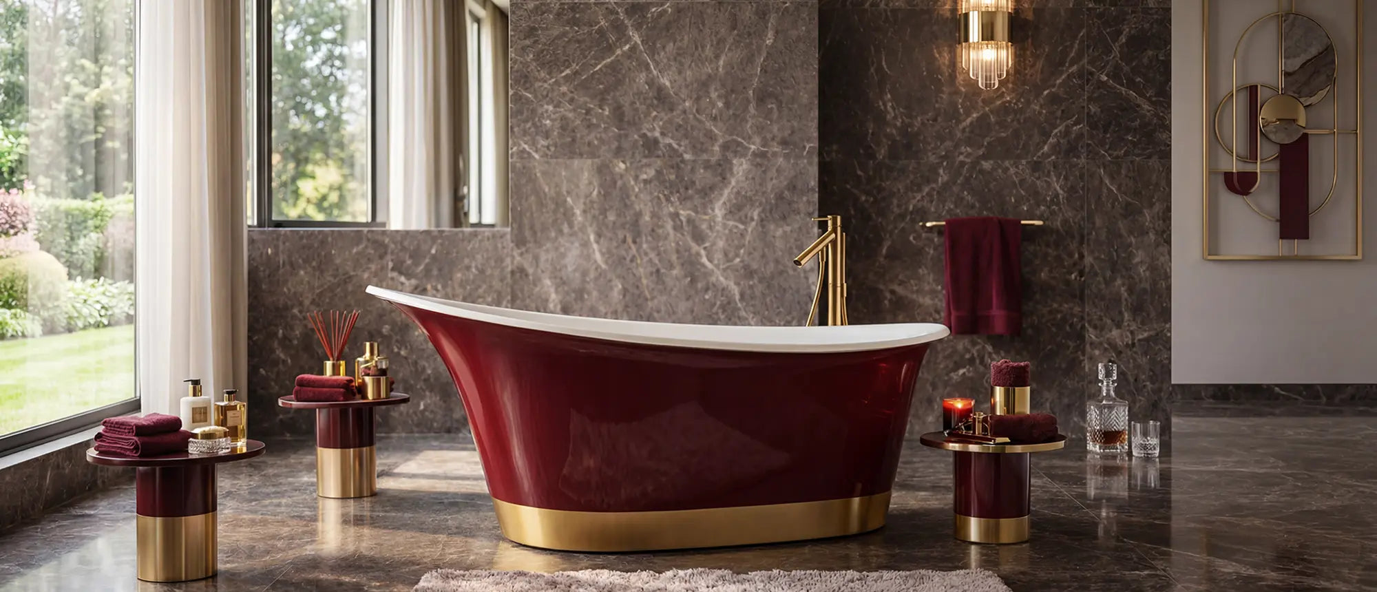 Wanna wolnostojąca Ravon Euphoria w luksusowym wnętrzu z marmurem i złotymi detalami