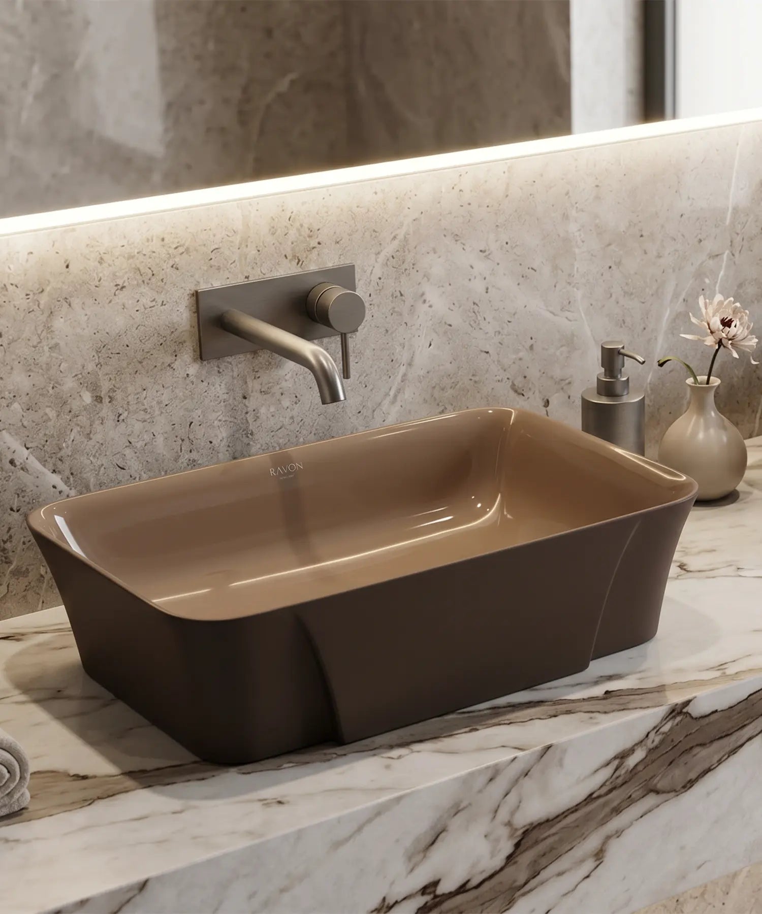 Umywalka nablatowa Ravon Balance elegancka łazienka kamień i minimalistyczne wykończenie