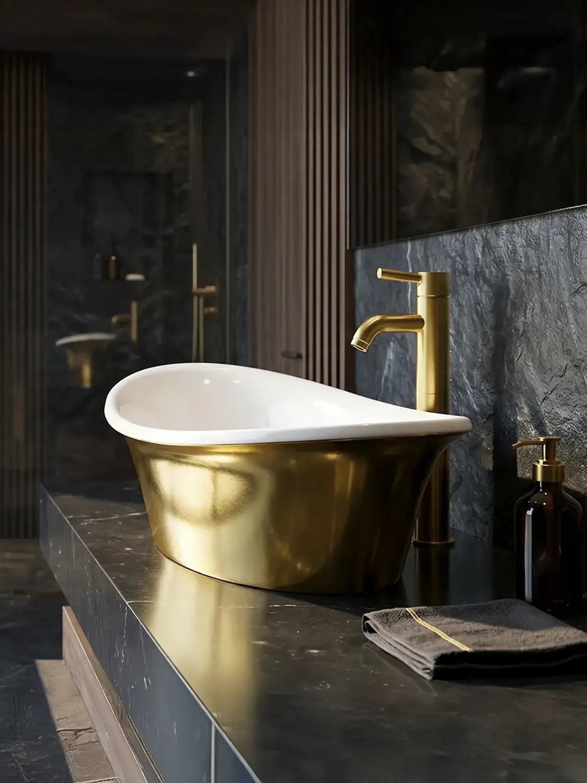 Złota umywalka nablatowa Ravon Euphoria PuroMetal Gold Glossy w eleganckiej premium łazience