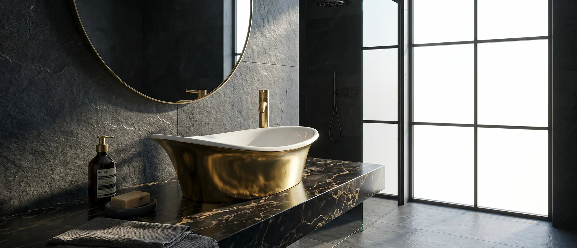 Umywalka nablatowa Ravon Euphoria w wykończeniu PuroMetal Gold Glossy na blacie w nowoczesnej ciemnej łazience premium