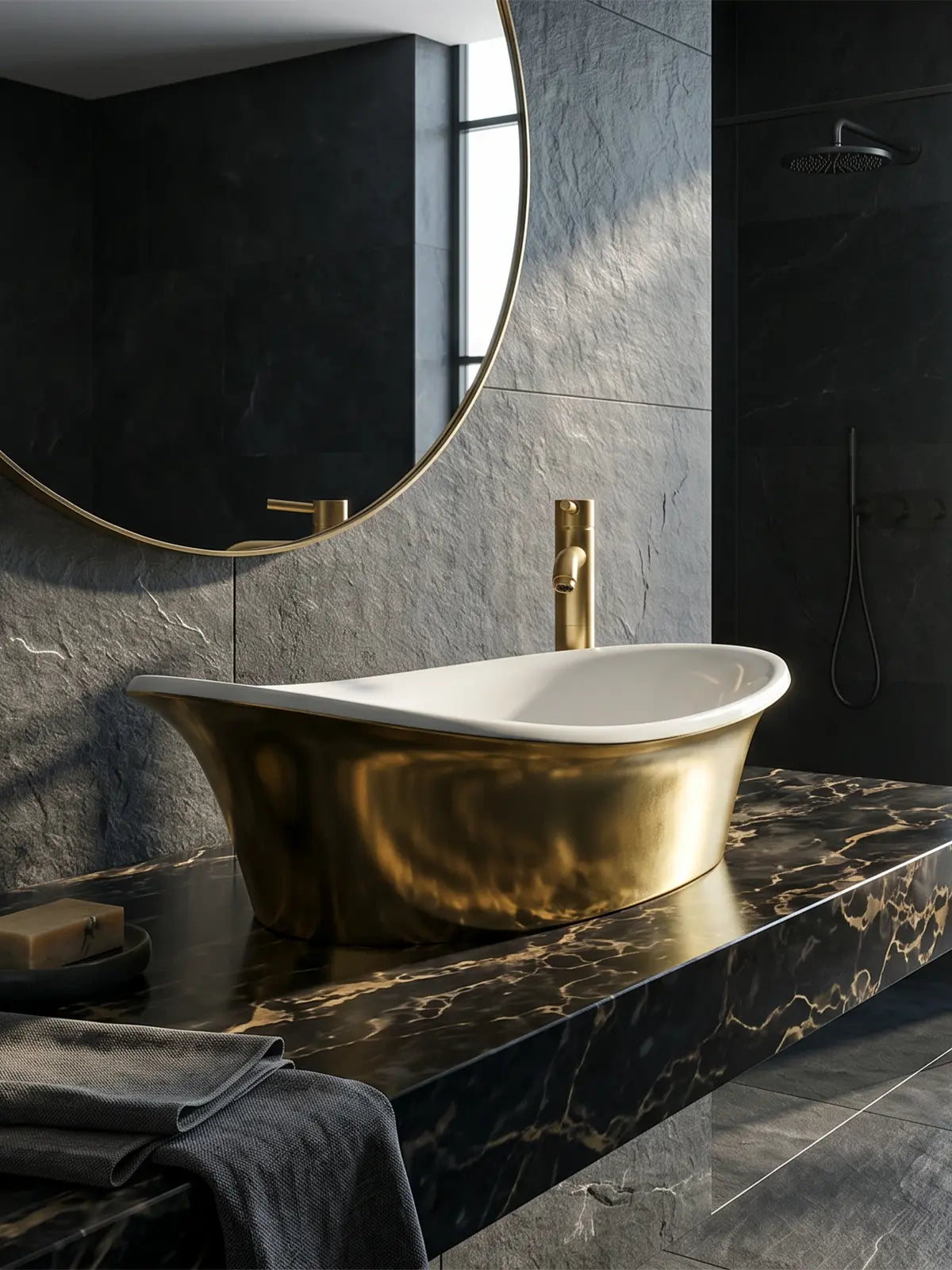 Złota umywalka nablatowa Ravon Euphoria PuroMetal Gold Glossy w eleganckiej łazience