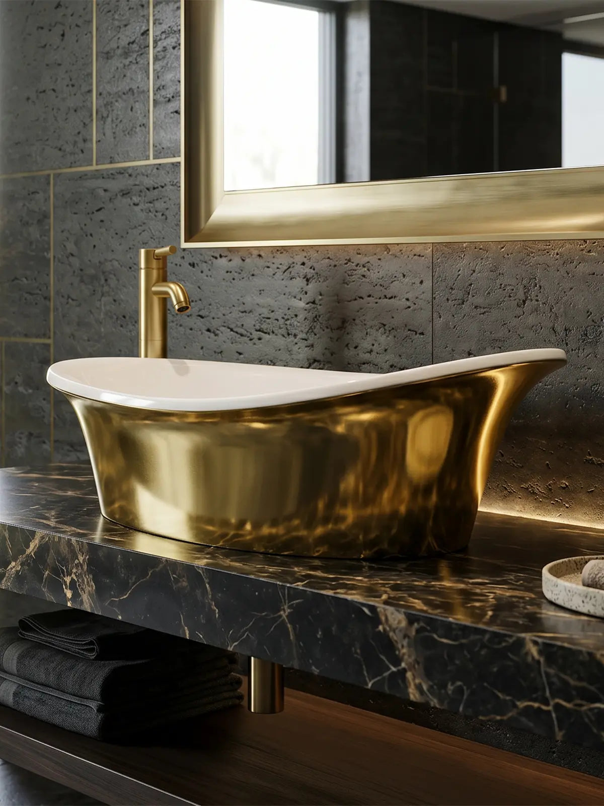 Złota umywalka nablatowa Ravon Euphoria PuroMetal Gold Glossy w eleganckiej ciemnej łazience