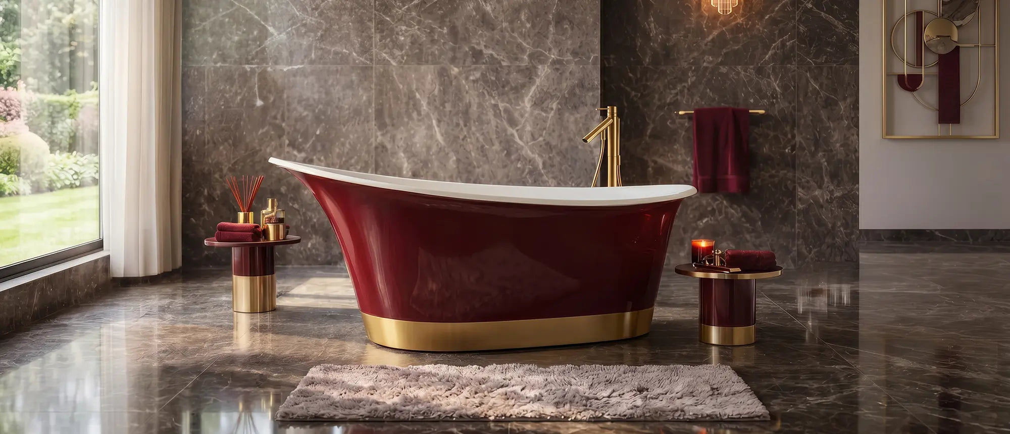 Wanna wolnostojąca Ravon Euphoria czerwona złota w eleganckiej łazience premium