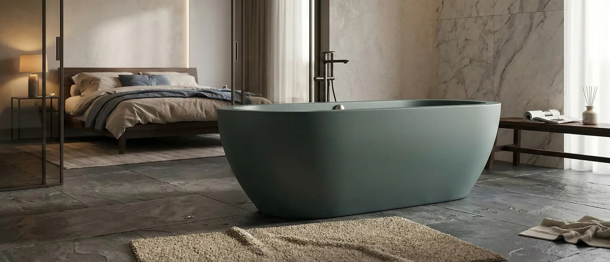 Wanna wolnostojąca Ravon Genesis terra verde ciemne w łazience przy sypialni