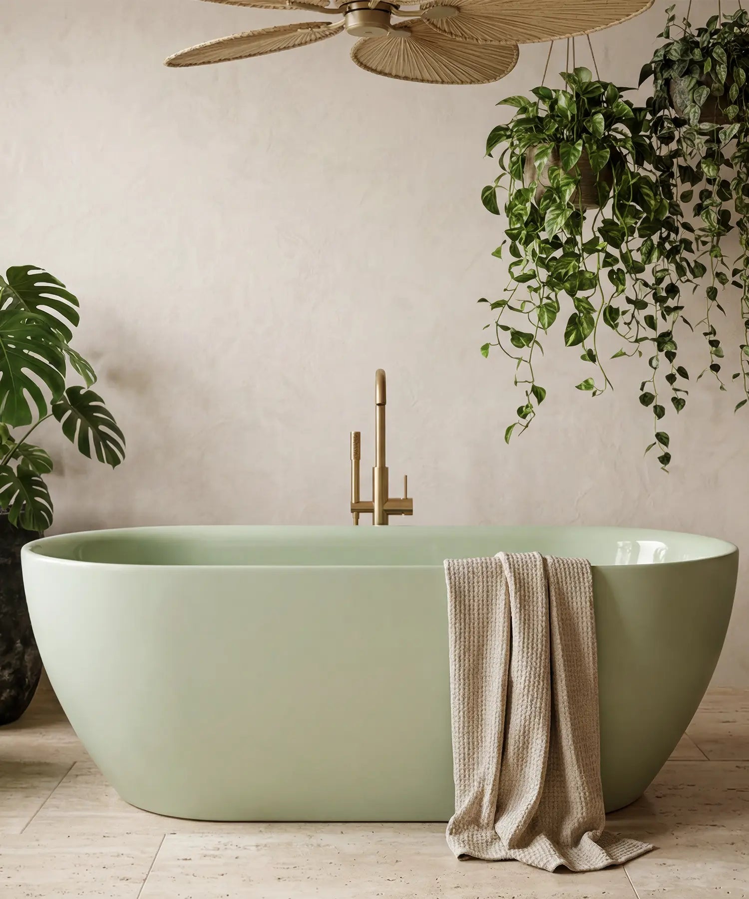 Wanna wolnostojąca Ravon Neo w kolorze zielonym naturalna aranżacja łazienki z roślinami