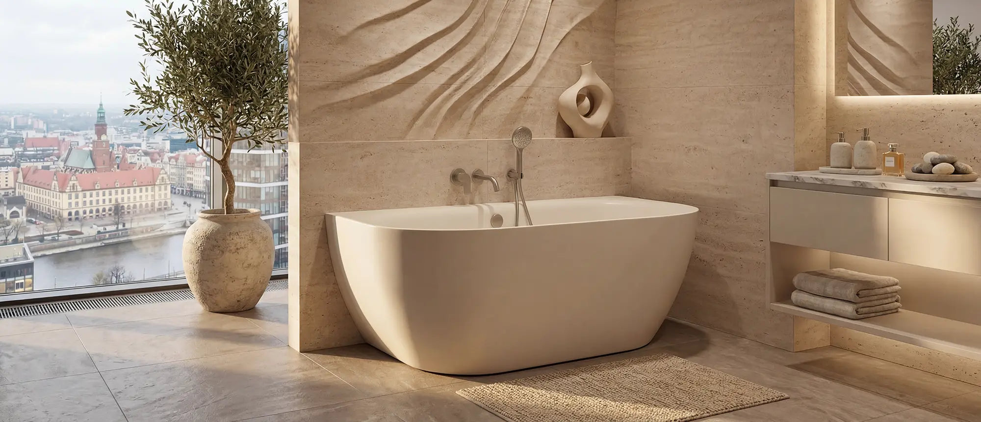 Wanna przyścienna Ravon Neo Wall w nowoczesnej łazience spa z widokiem na miasto