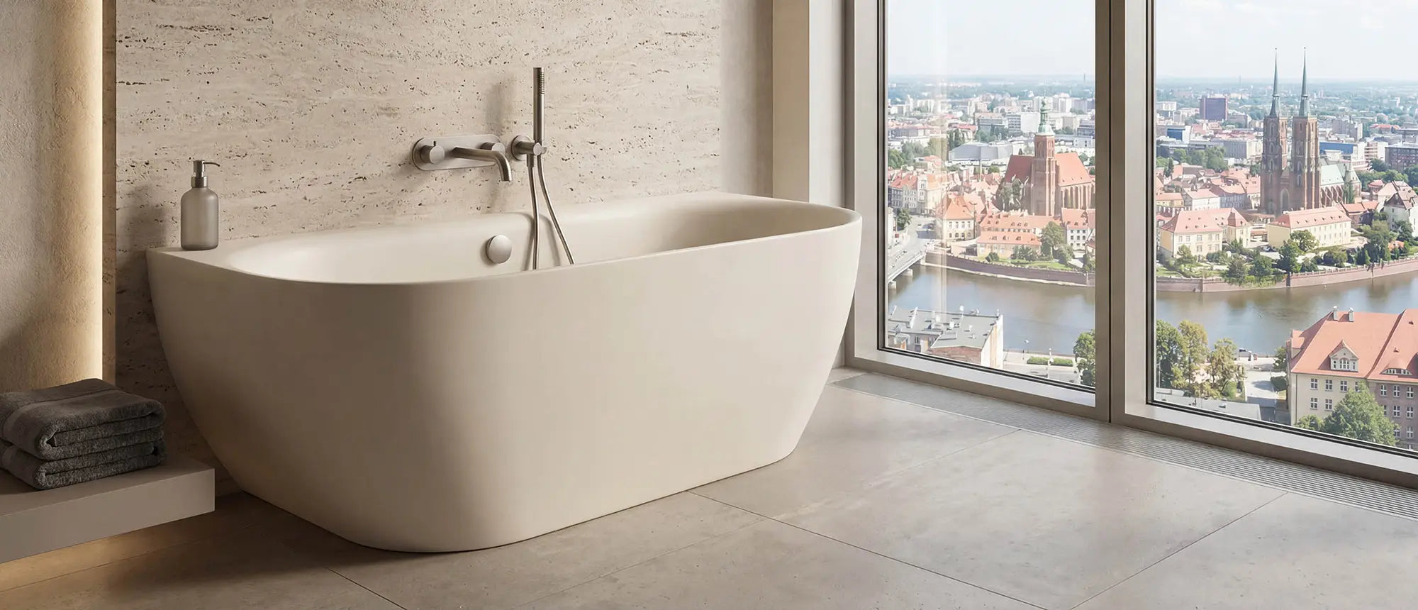 Wanna przyścienna Ravon Neo Wall biała w nowoczesnej łazience z widokiem na Wrocław