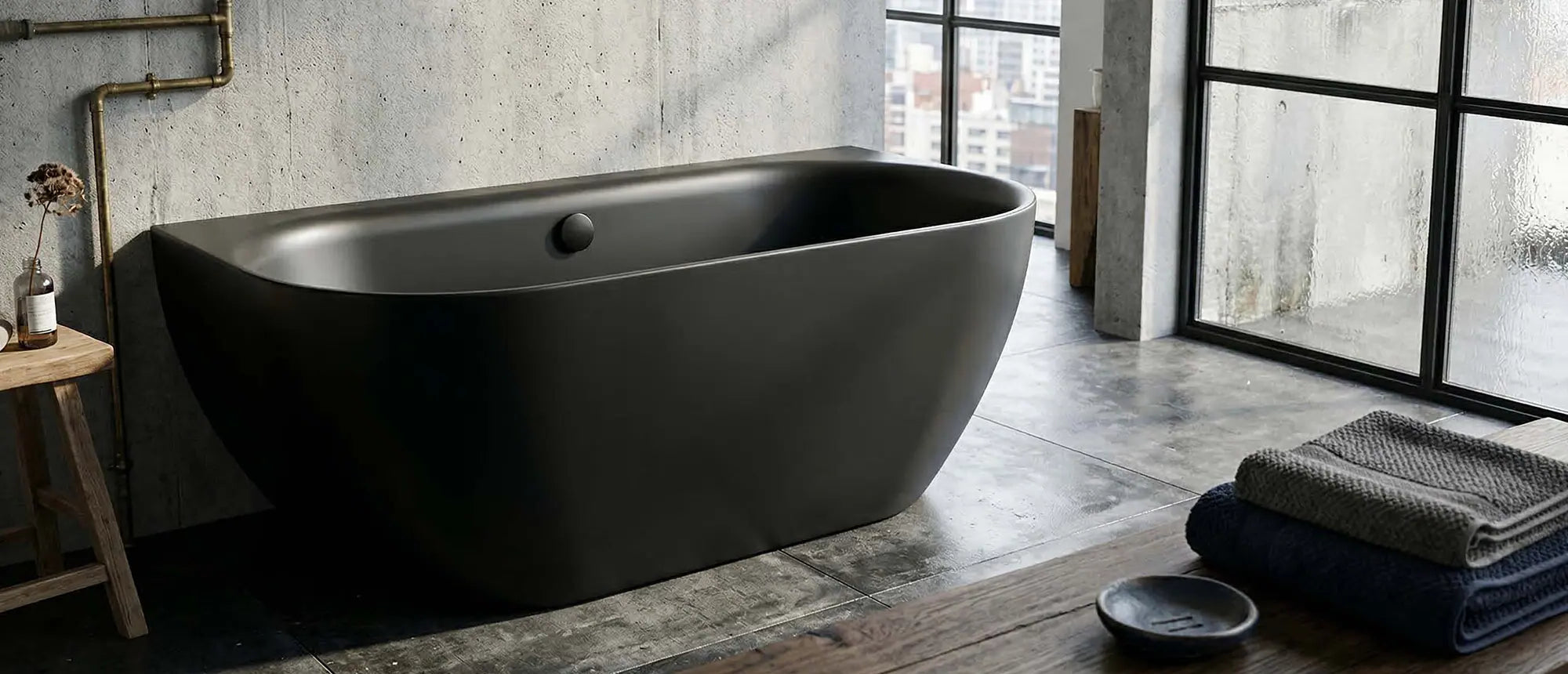 Wanna przyścienna Ravon Neo Wall czarna matowa w industrialnej łazience loft