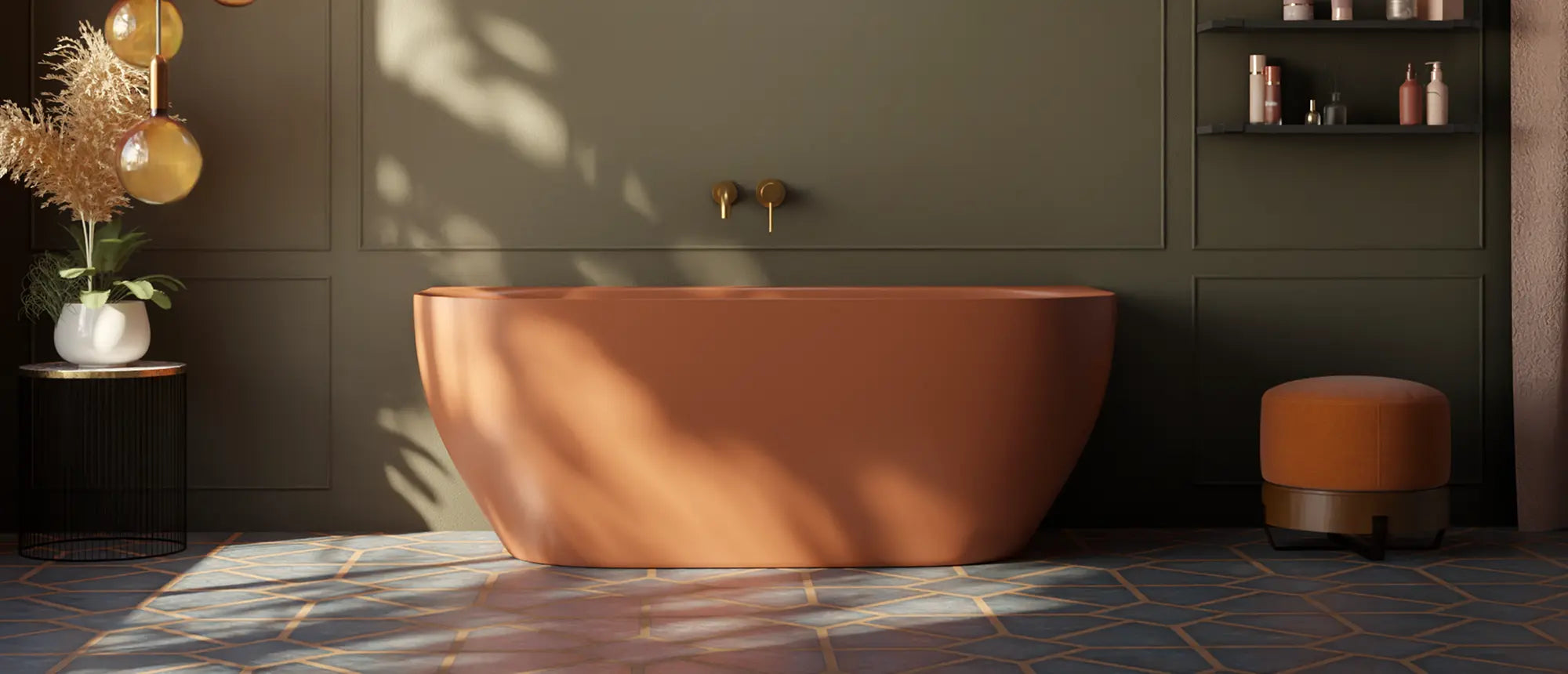 Wanna przyścienna Ravon Neo Wall w kolorze terra cotta w eleganckiej nowoczesnej łazience