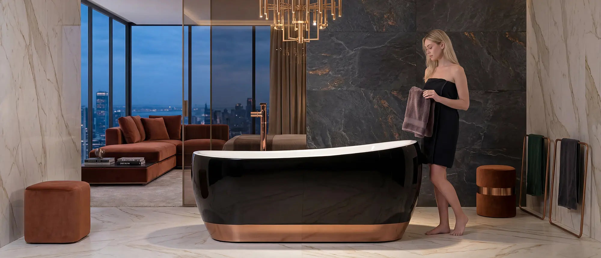 Wanna wolnostojąca Ravon Wisteria 160 czarna połysk w luksusowej łazience z marmurem