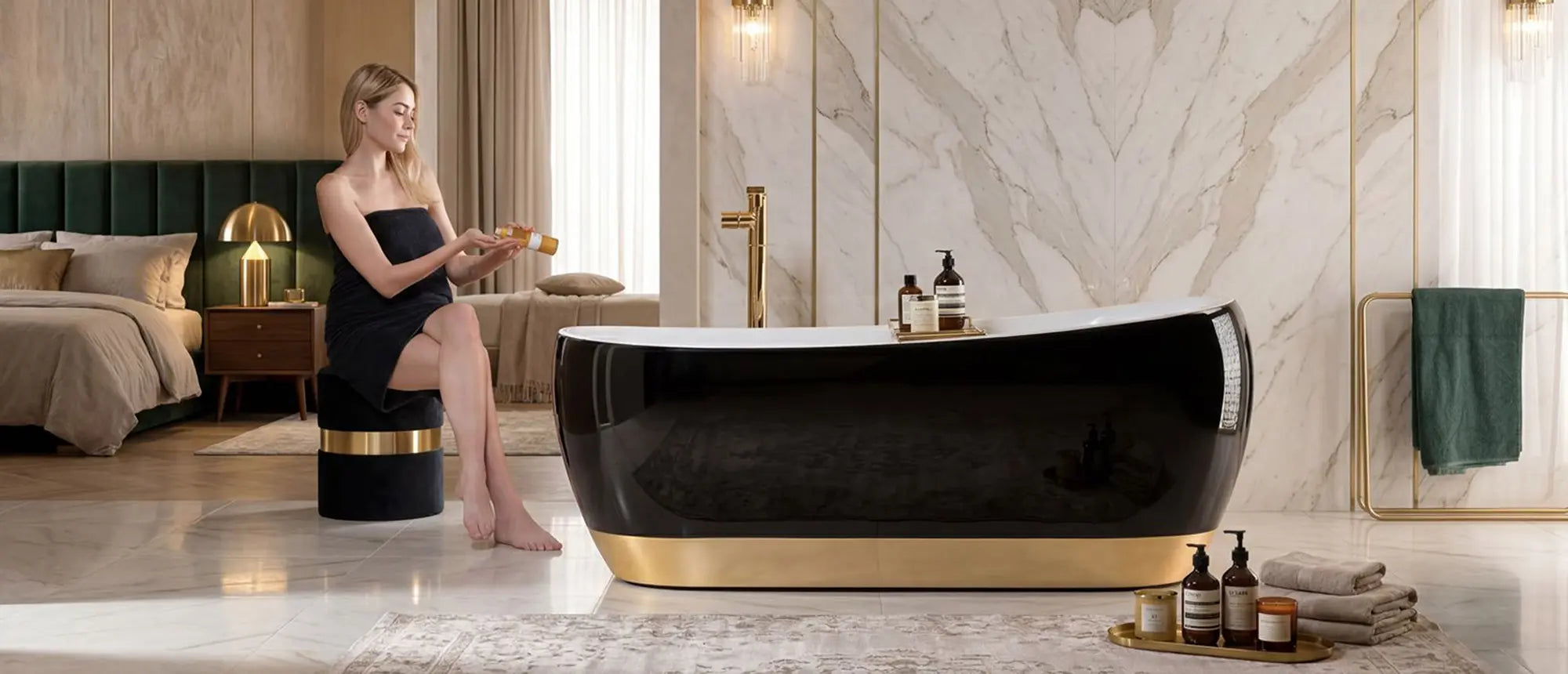 Wanna wolnostojąca Ravon Wisteria w wykończeniu Piano Black połysk z pasem PuroMetal Gold w luksusowej łazience inspirowanej wnętrzem hotelowym