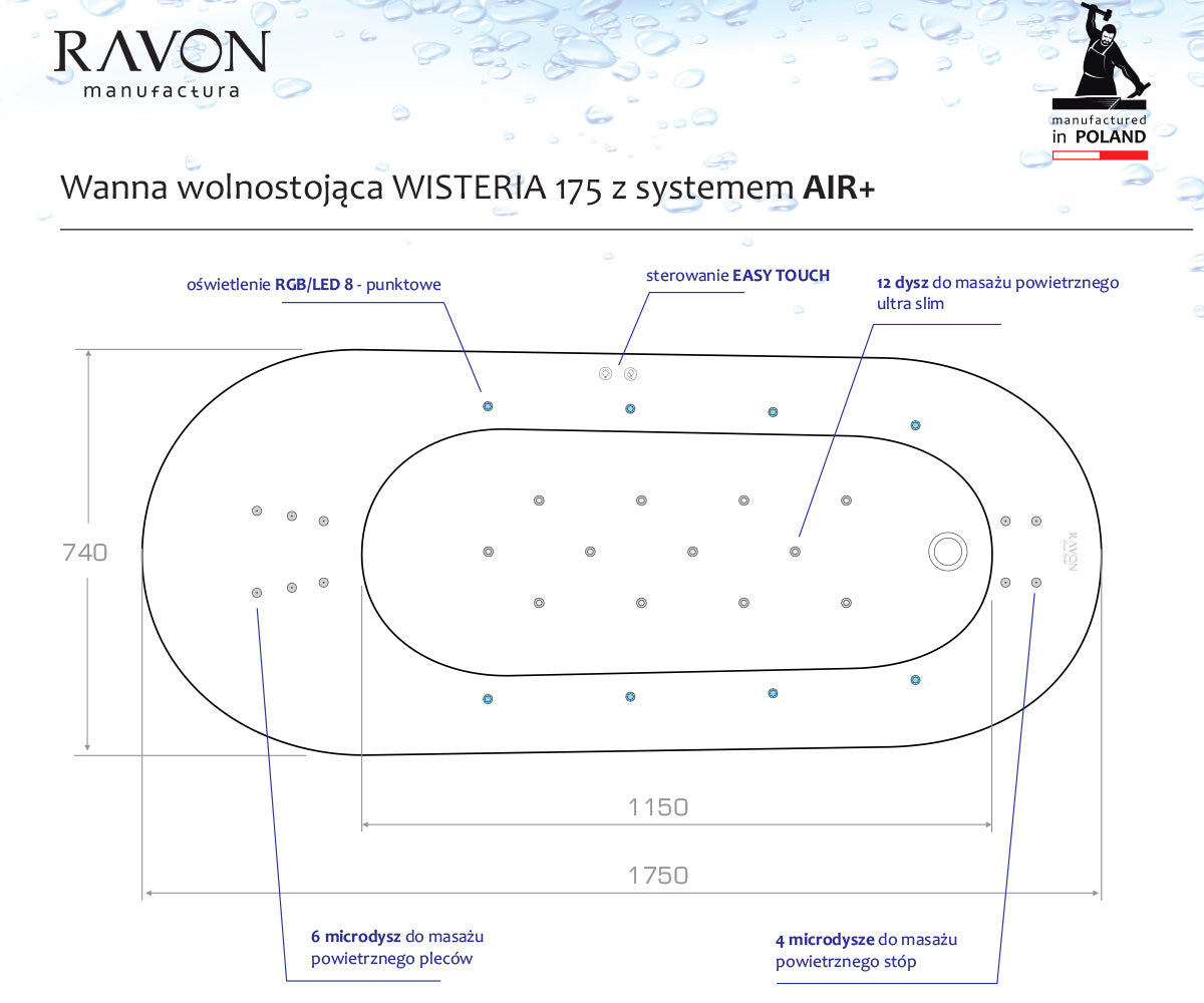 Wanna wolnostojąca Wisteria 175cm z systemem AIR+