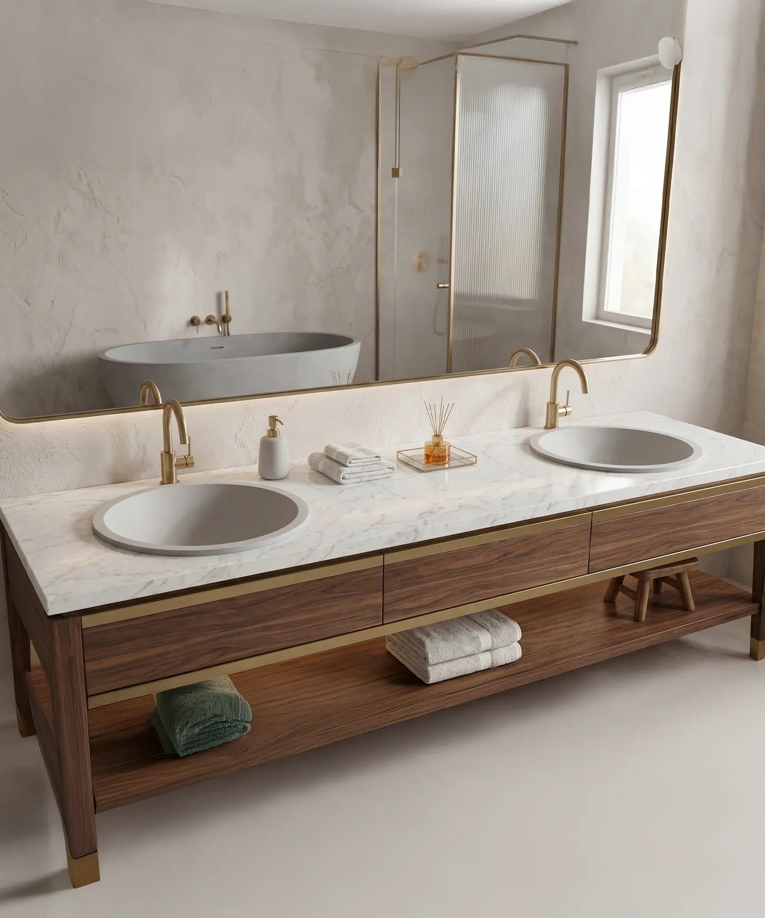 Umywalki wpuszczane Ravon Lovely elegancka łazienka z kamiennym blatem i złotą armaturą