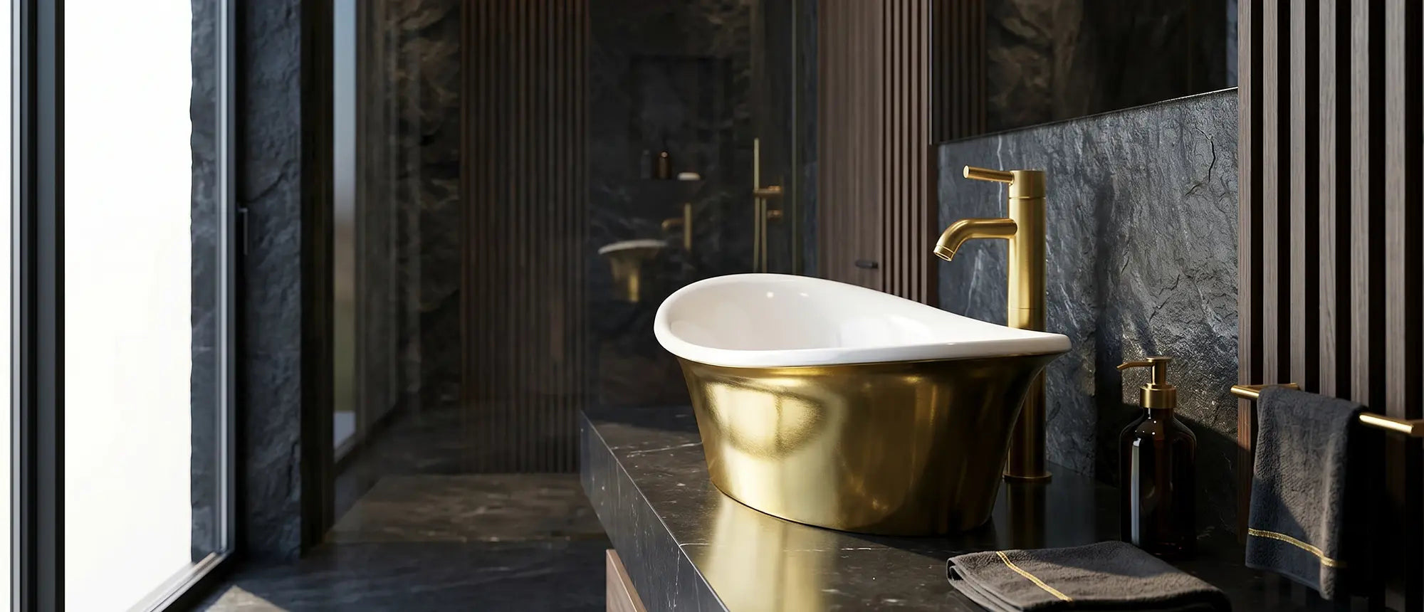 Umywalka nablatowa Ravon Euphoria w wykończeniu PuroMetal Gold Glossy na blacie w nowoczesnej łazience premium