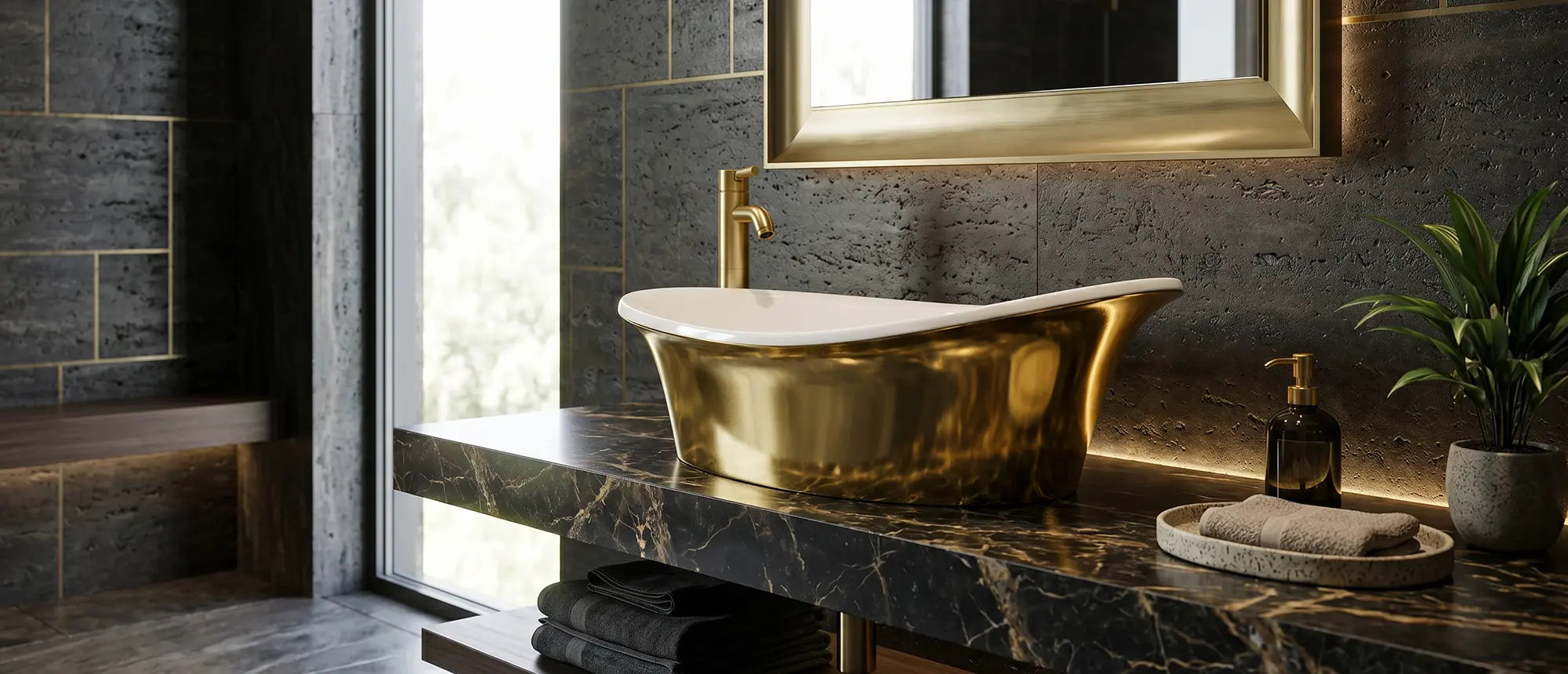 Umywalka nablatowa Ravon Euphoria w wykończeniu PuroMetal Gold Glossy na blacie w nowoczesnej łazience
