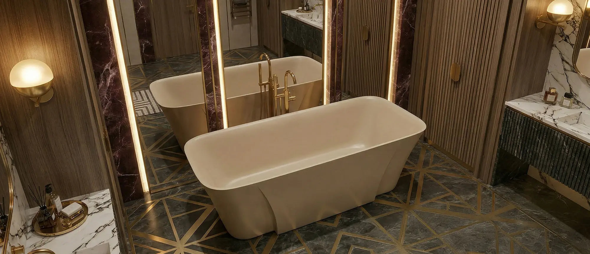 Wanna wolnostojąca Ravon Balance w eleganckiej łazience z marmurem i podświetlanymi lustrami