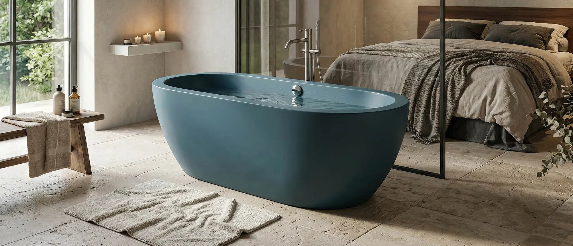 Wanna wolnostojąca Ravon Genesis RAL 5001 w nowoczesnej łazience przy sypialni