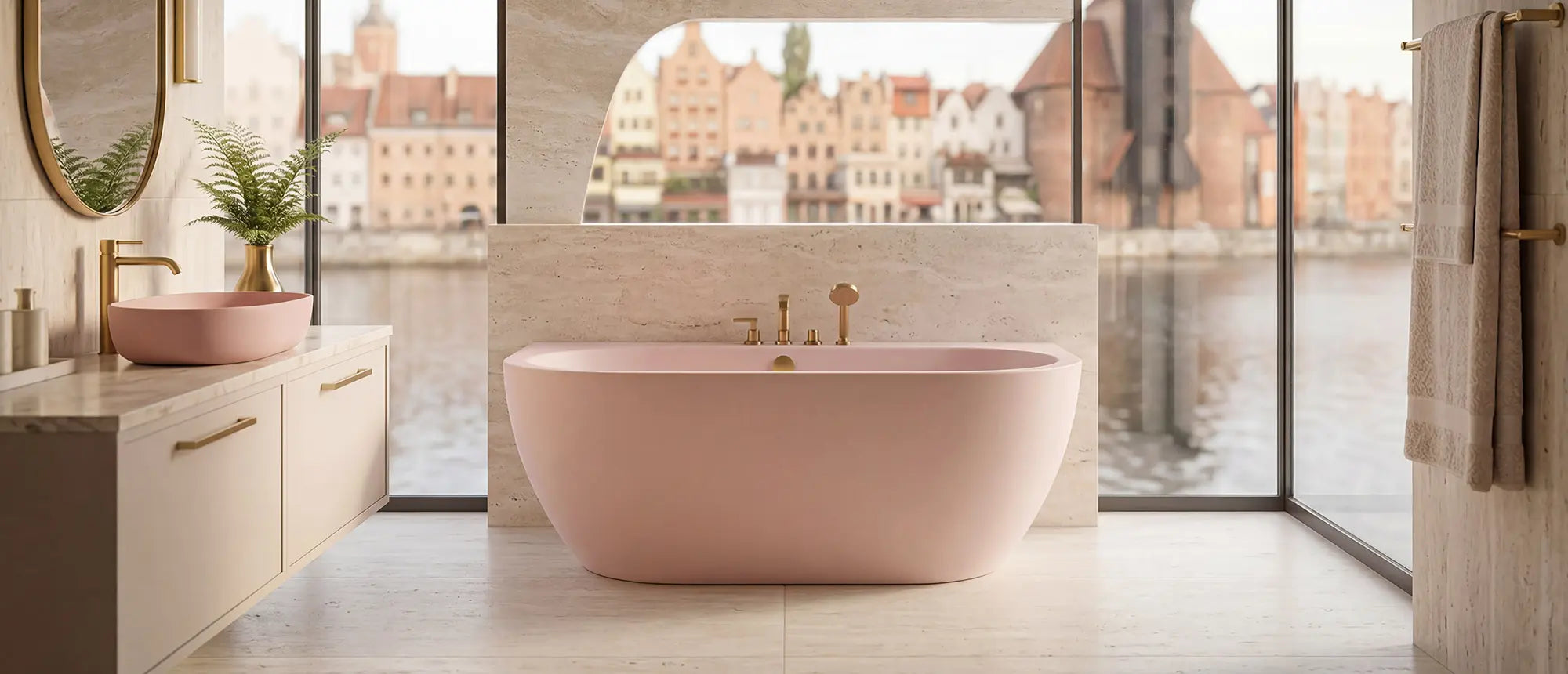 Wanna wolnostojąca Ravon Sensual Wall w kolorze różowym w eleganckiej łazience z widokiem na Gdańsk