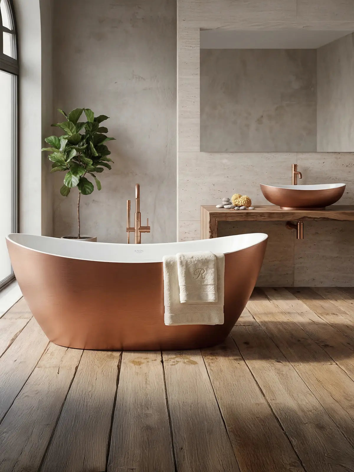 Wanna Ravon Tulipano Brushed Copper w łazience z drewnem