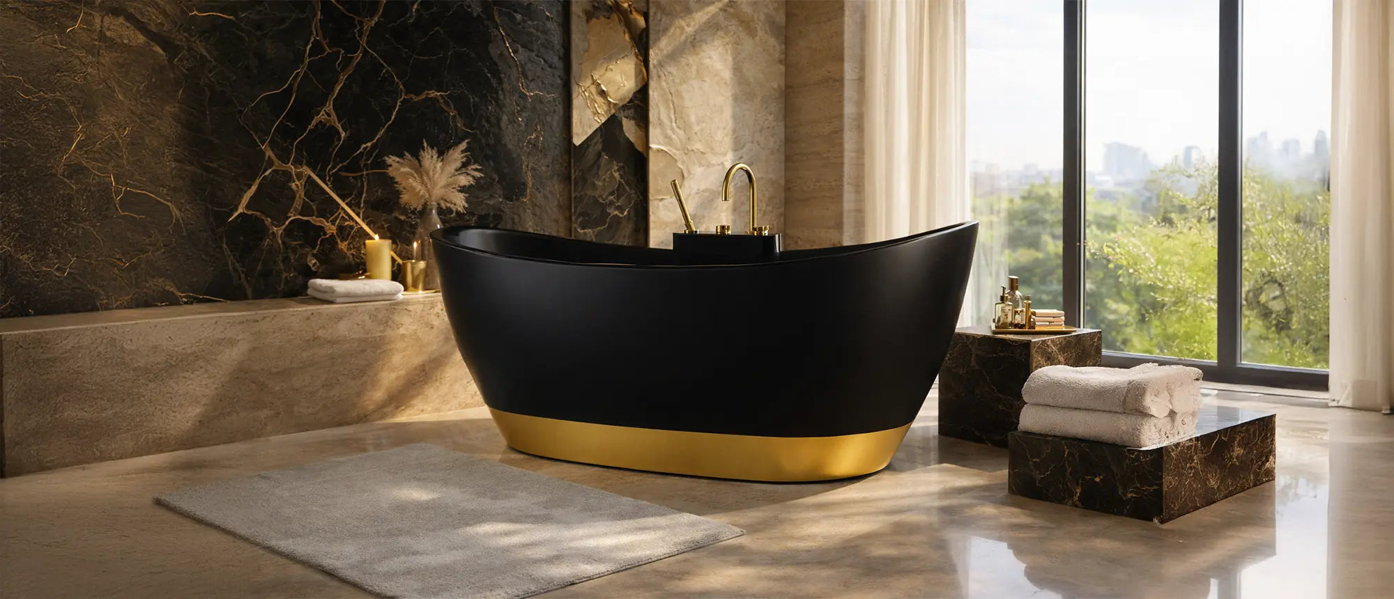 Wanna wolnostojąca Ravon Tulipano w kolorze Piano Black z wykończeniem złotym PuroMetal w luksusowej łazience