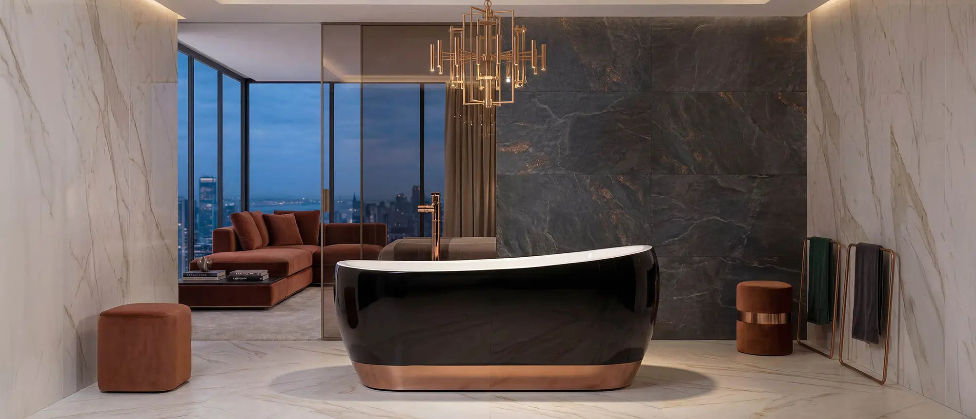 Wanna wolnostojąca Ravon Wisteria w wykończeniu Piano Black połysk z pasem PuroMetal Copper Glossy w luksusowej łazience z widokiem na miasto