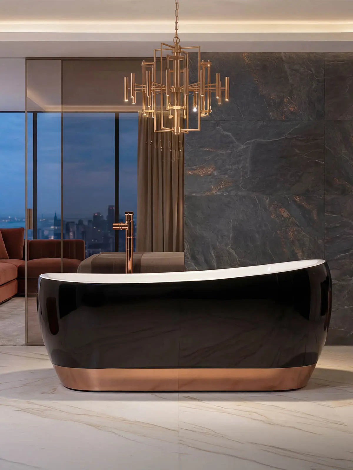 Czarna wanna Ravon Wisteria Piano Black z miedzianym wykończeniem PuroMetal Copper w eleganckiej łazience