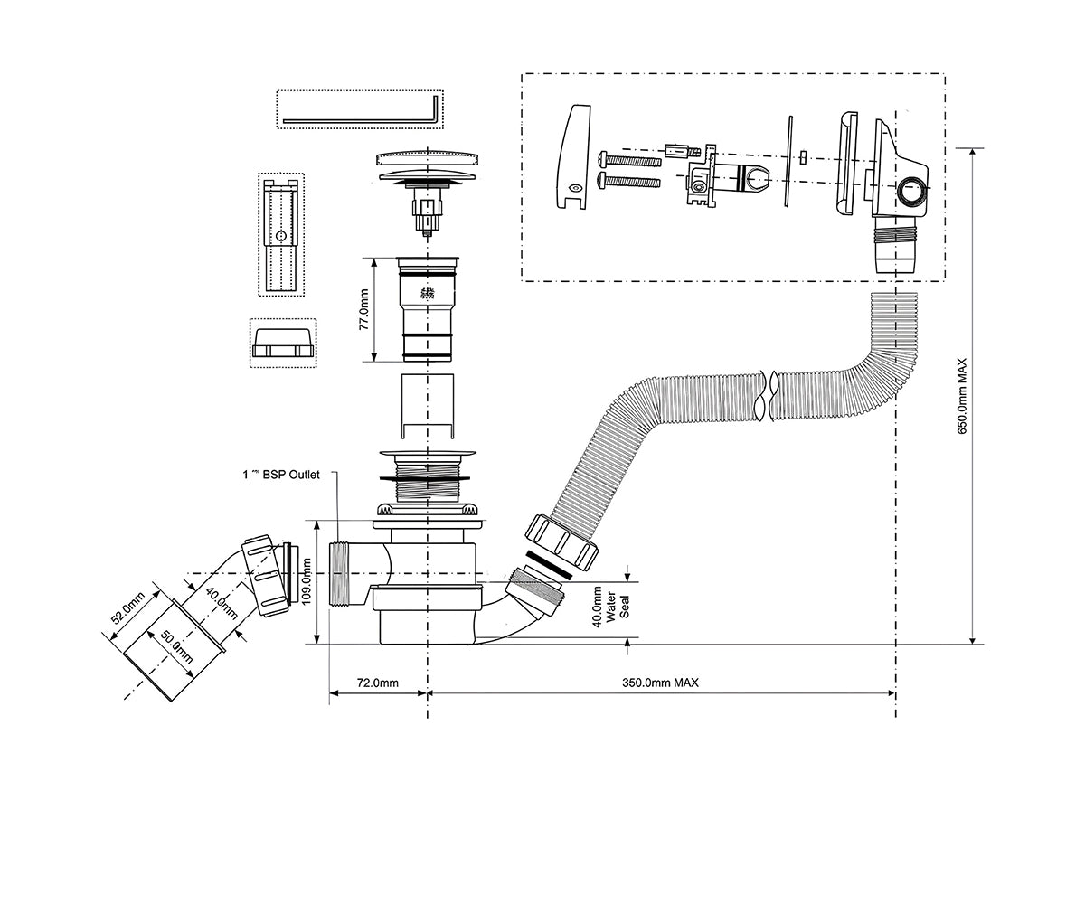 Drain and overflow system with overflow filling function (chrome)