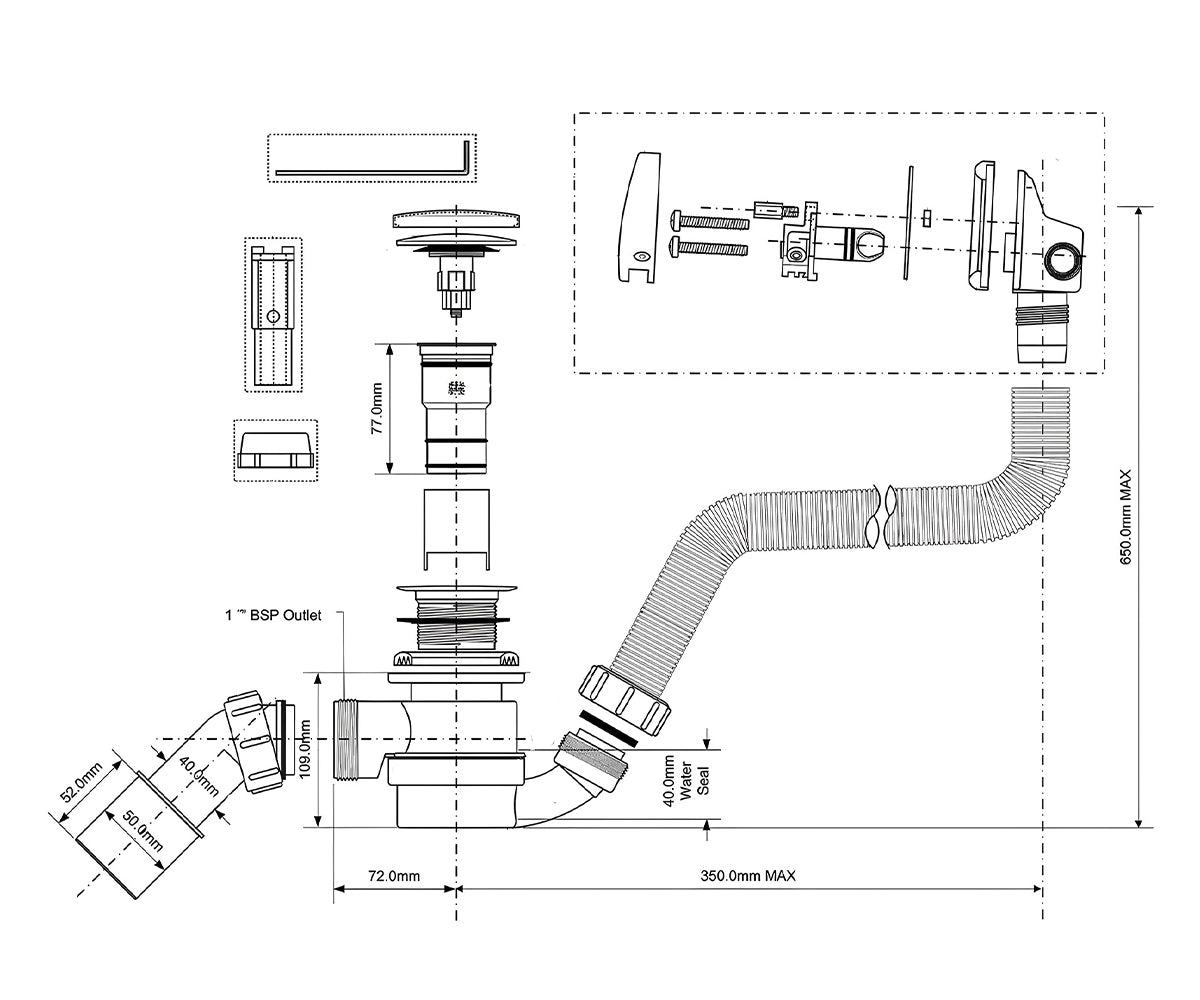 Drain and overflow system with overflow filling function (chrome)